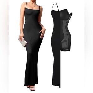 Popilush Black Maxi Dress Bodycon Ribbed Spaghetti Strap Shapewear M NWT